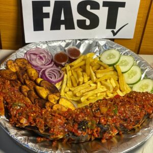 Bbq big catfish and fries with plantain
